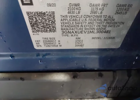 2021 Chevrolet Equinox Awd Lt из США, поврежденный, VIN 3GNAXUEV1ML300481